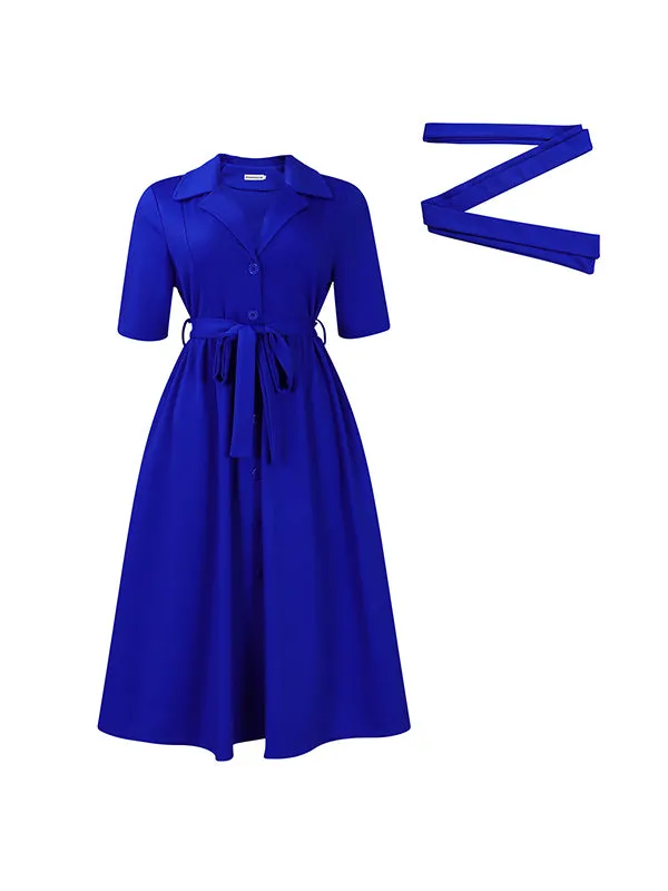 A-Line Loose Pleated Pockets Solid Color Tied Waist Notched Collar Midi Dresses