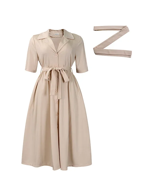 A-Line Loose Pleated Pockets Solid Color Tied Waist Notched Collar Midi Dresses