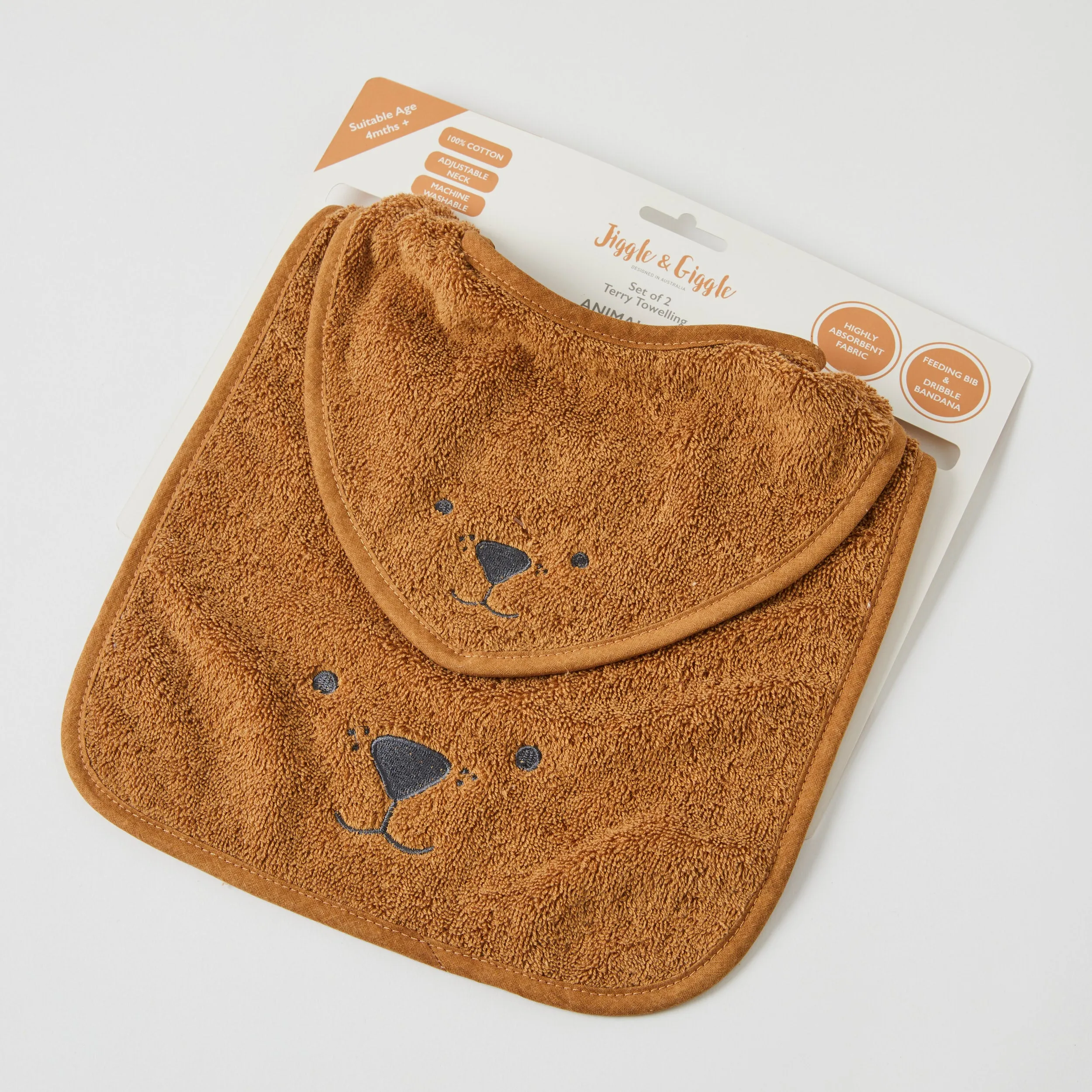 Animal Faces Terry Towelling Bibs Set Of 2 – Biscuit