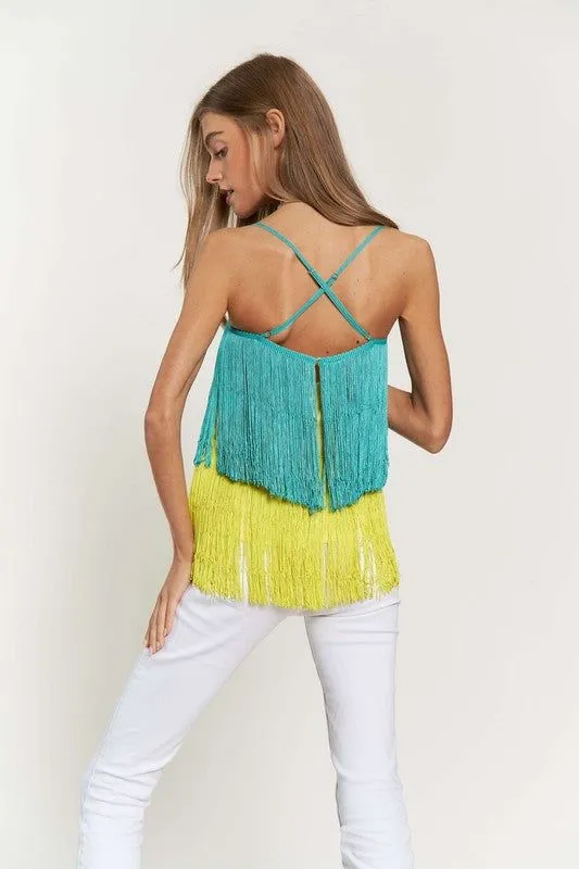 Davi & Dani Fringe Overlay Cross Straps Party Cami Top