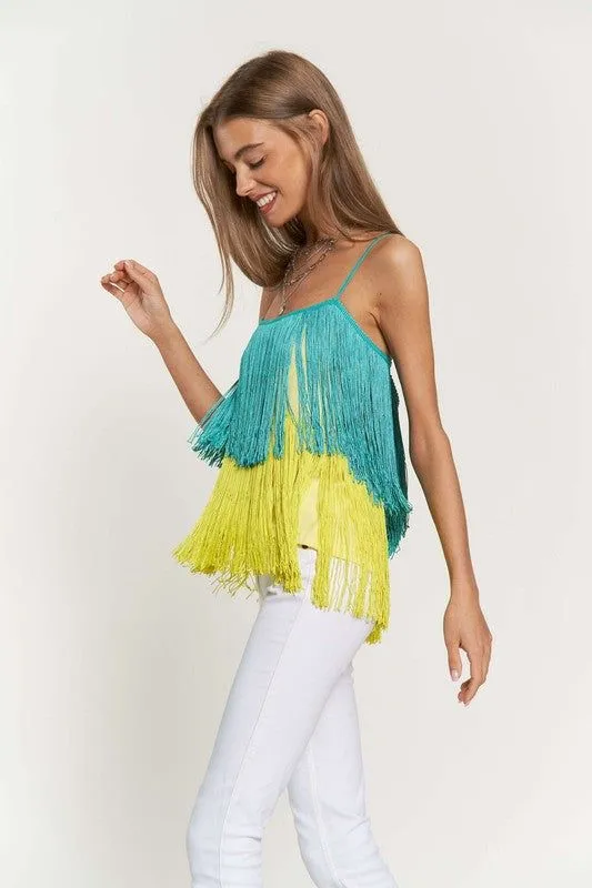 Davi & Dani Fringe Overlay Cross Straps Party Cami Top