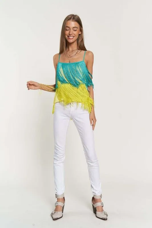 Davi & Dani Fringe Overlay Cross Straps Party Cami Top