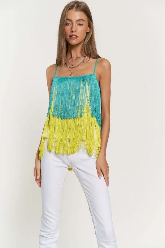 Davi & Dani Fringe Overlay Cross Straps Party Cami Top