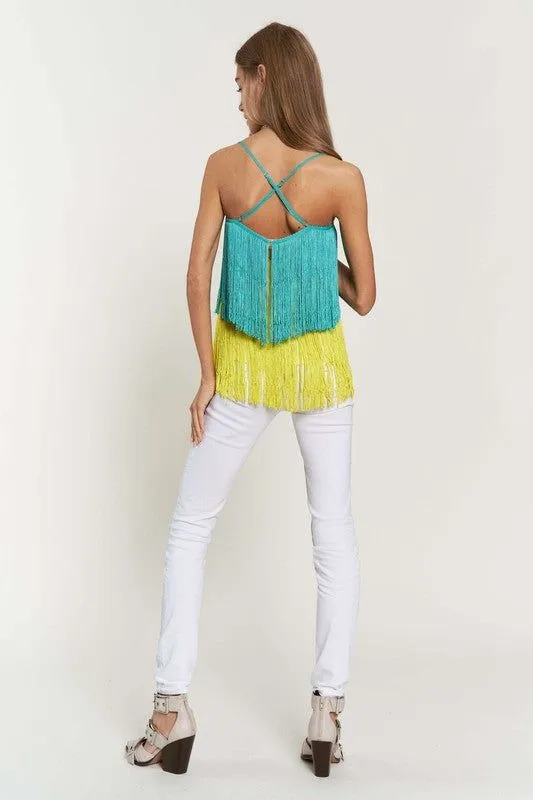 Davi & Dani Fringe Overlay Cross Straps Party Cami Top