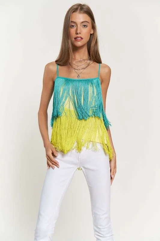 Davi & Dani Fringe Overlay Cross Straps Party Cami Top