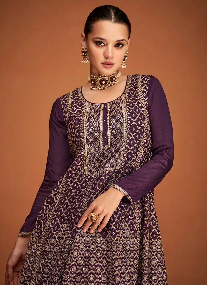 Deep Purple Sequence Embroidery Sharara Style Suit