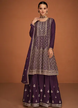 Deep Purple Sequence Embroidery Sharara Style Suit