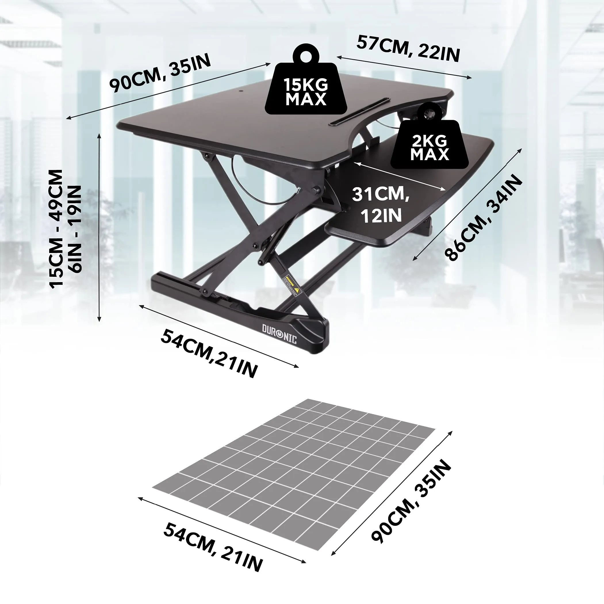 Duronic Sit-Stand Desk DM05D23 | Height Adjustable Office Workstation | 90x57cm Platform | Raises from 15-49cm | Riser for PC Computer Screen, Keyboard, Laptop | Ergonomic Desktop Table Converter