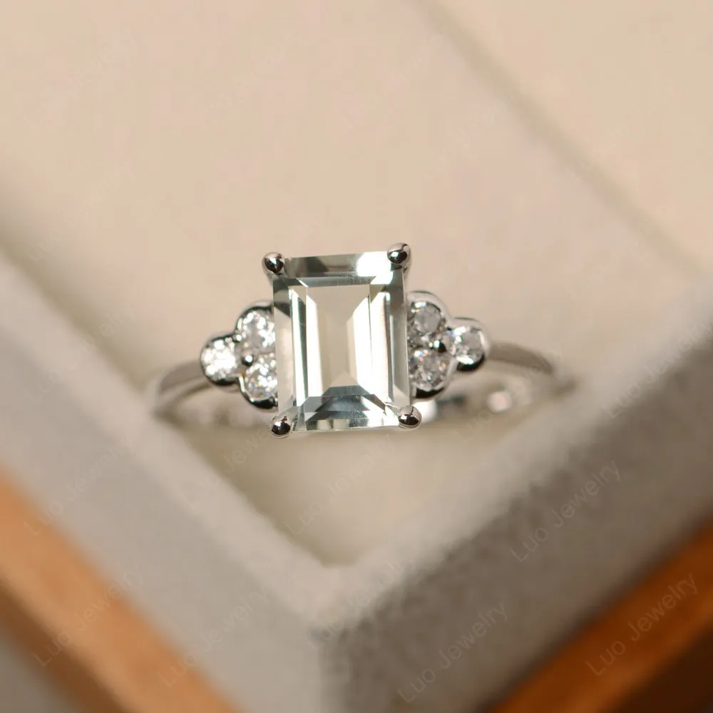 Emerald Cut Green Amethyst Ring with Trio