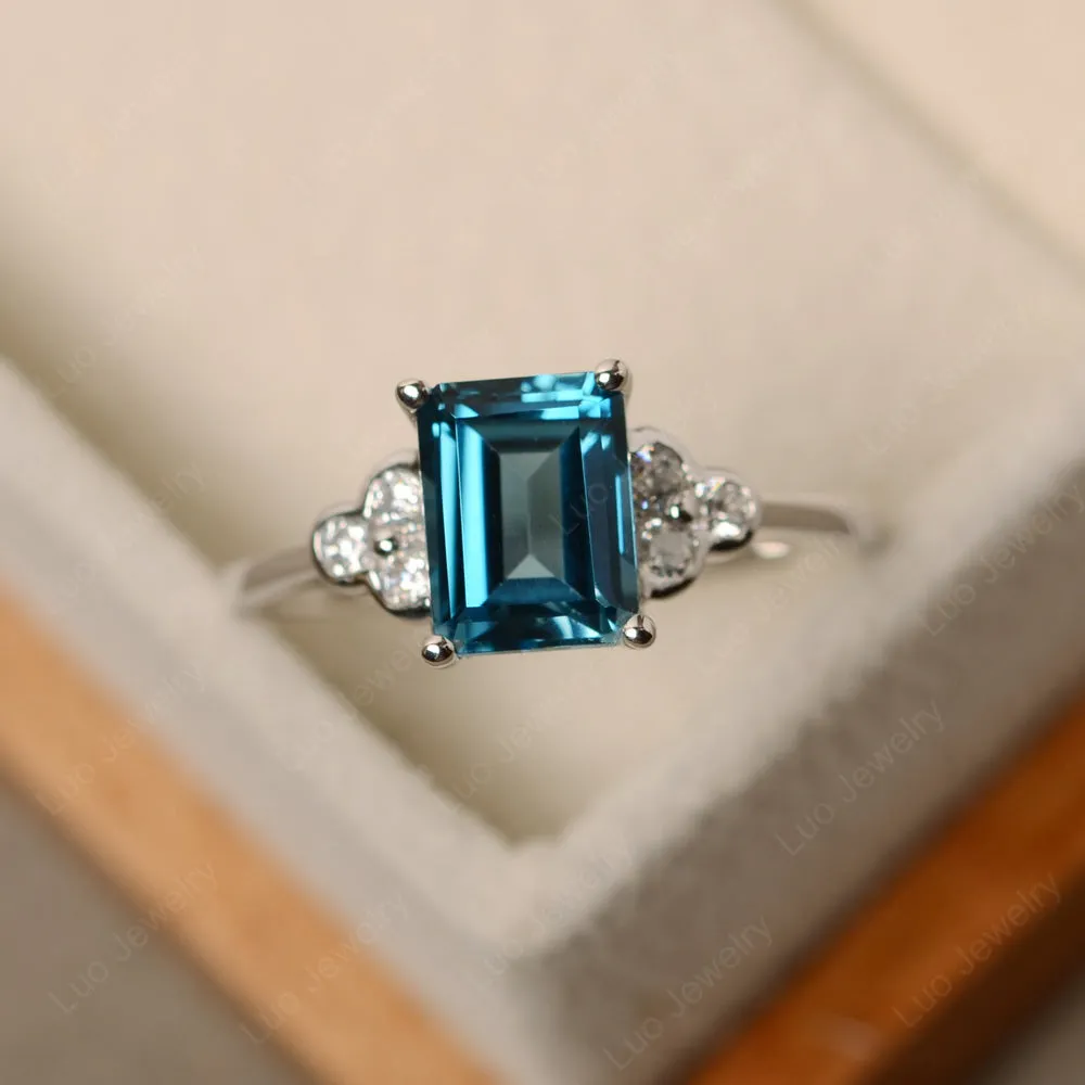 Emerald Cut London Blue Topaz Ring with Trio