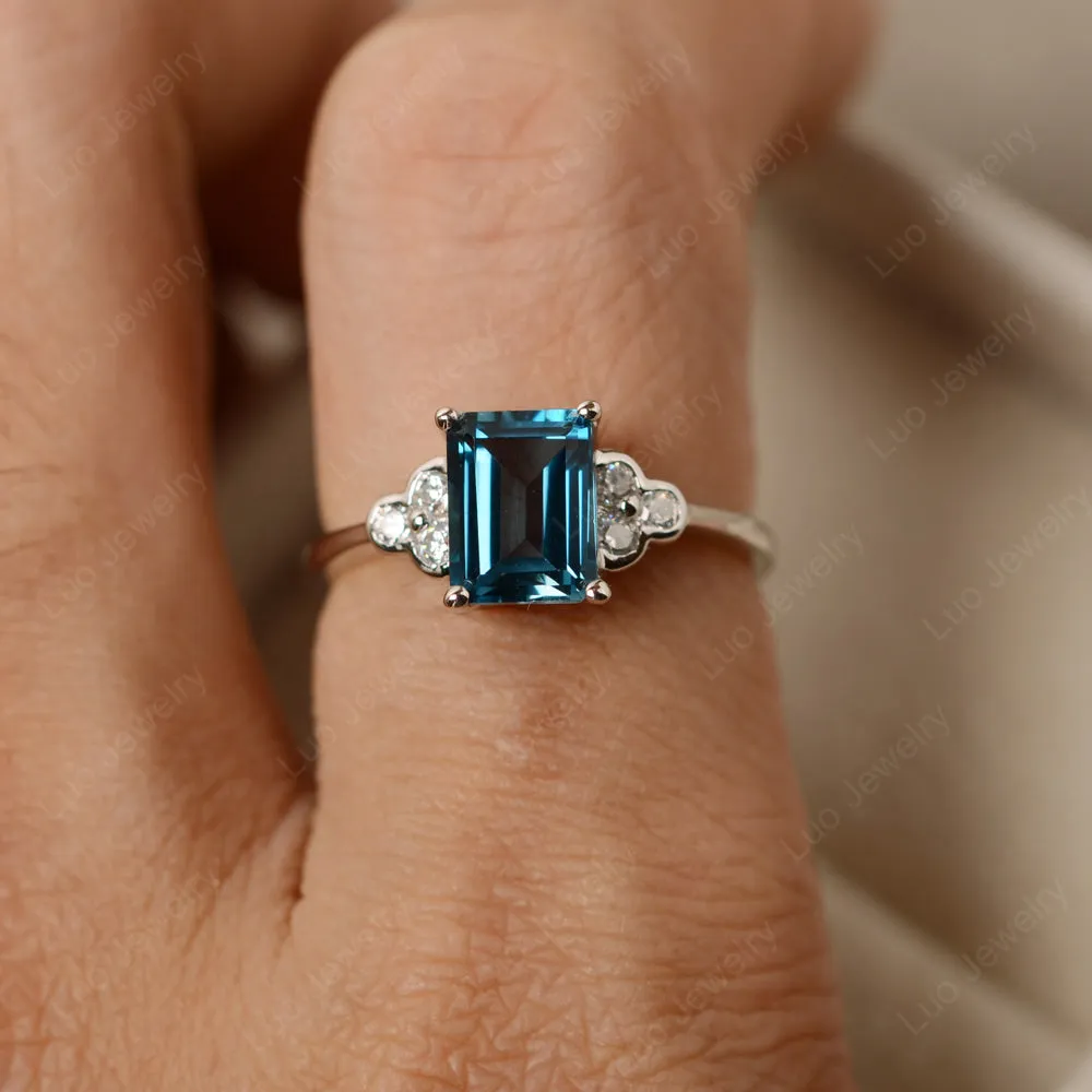 Emerald Cut London Blue Topaz Ring with Trio