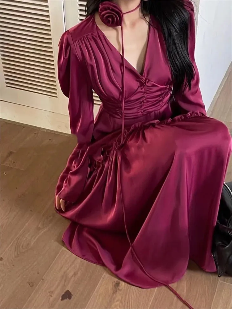 Fashionkova Autumn Satin Midi Dresses for Women Long Sleeve V-neck Folds Design A-line Korean Fashion Office Lady One Piece Vestidos New