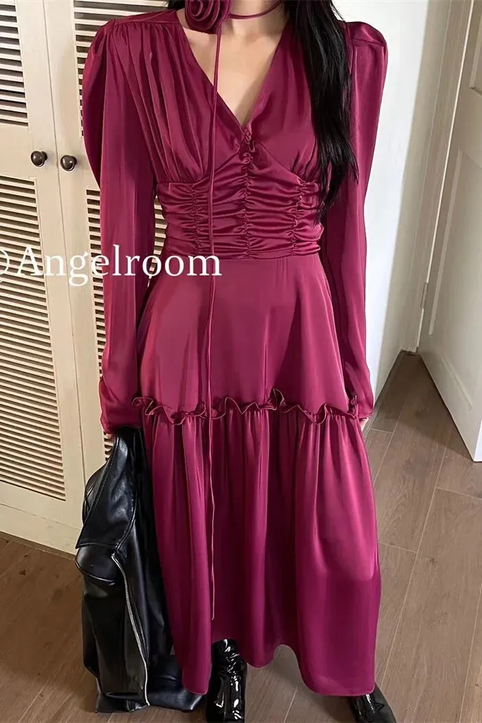 Fashionkova Autumn Satin Midi Dresses for Women Long Sleeve V-neck Folds Design A-line Korean Fashion Office Lady One Piece Vestidos New