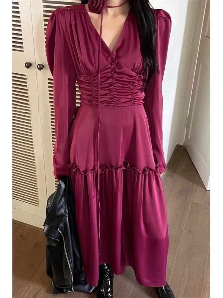 Fashionkova Autumn Satin Midi Dresses for Women Long Sleeve V-neck Folds Design A-line Korean Fashion Office Lady One Piece Vestidos New