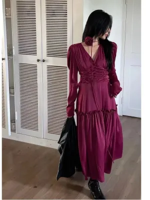 Fashionkova Autumn Satin Midi Dresses for Women Long Sleeve V-neck Folds Design A-line Korean Fashion Office Lady One Piece Vestidos New