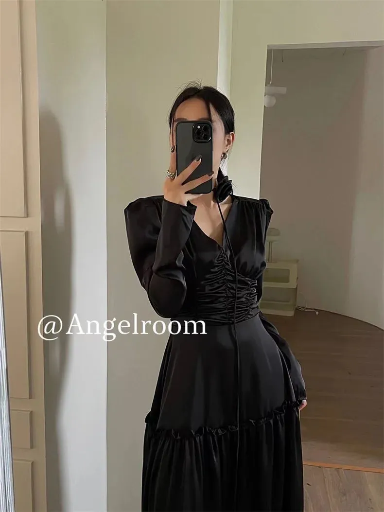 Fashionkova Autumn Satin Midi Dresses for Women Long Sleeve V-neck Folds Design A-line Korean Fashion Office Lady One Piece Vestidos New