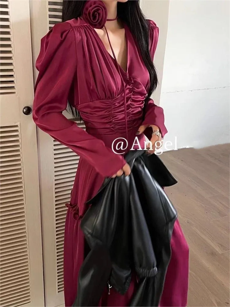 Fashionkova Autumn Satin Midi Dresses for Women Long Sleeve V-neck Folds Design A-line Korean Fashion Office Lady One Piece Vestidos New