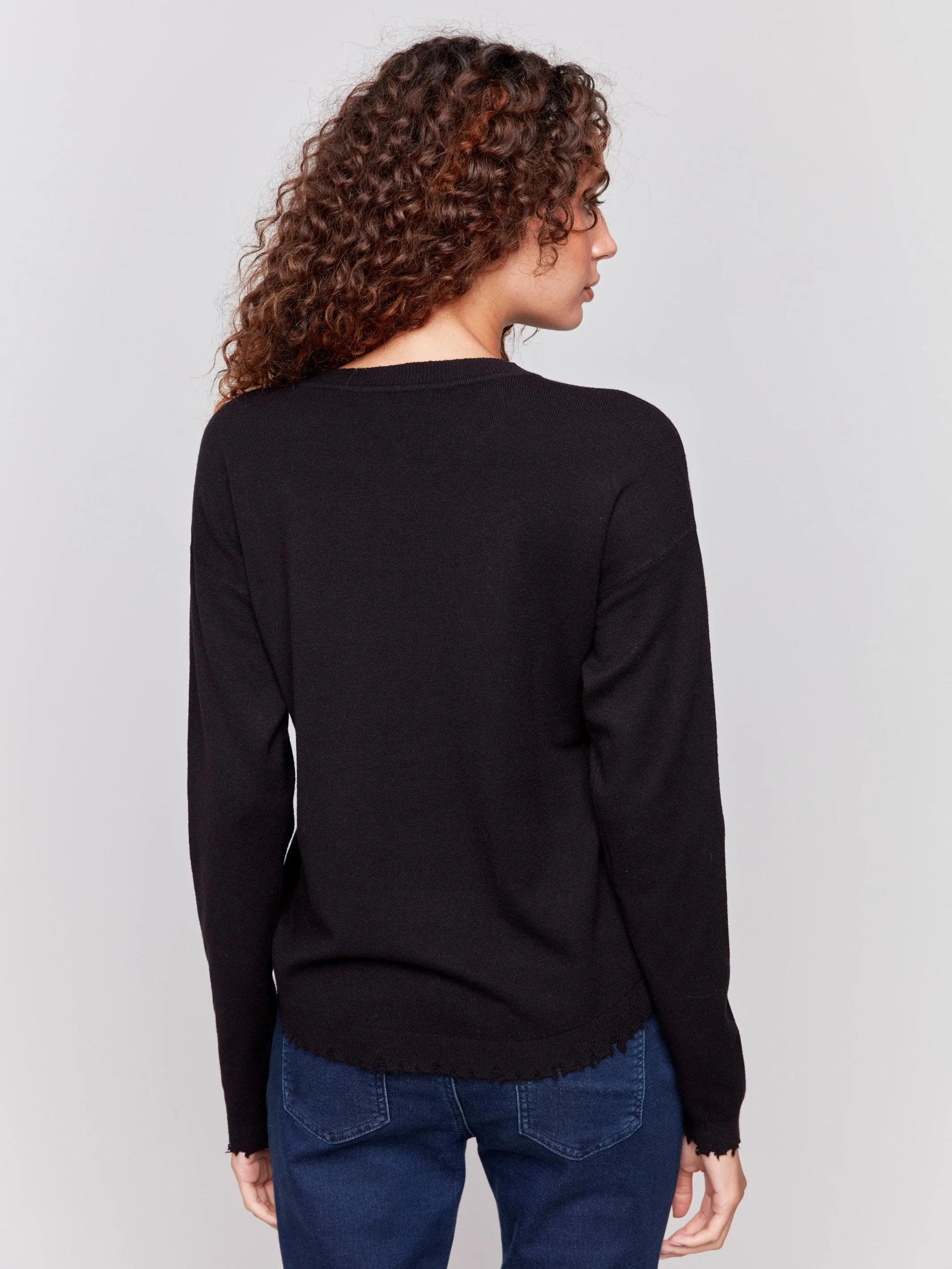 Frayed Edge Round Hem Sweater - Black