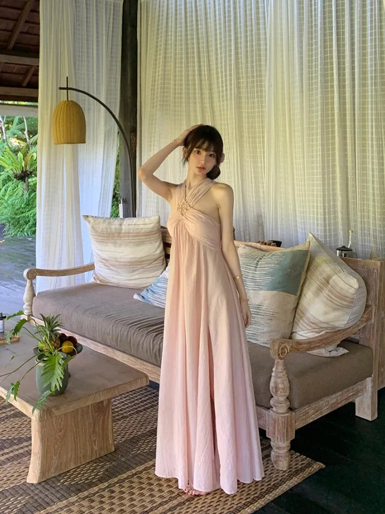 Girlary 2024 Summer Pink Sexy Sleeveless Midi Dress Sweet Elegant Even Party Dress Beach Chiffon Korean Fashion Dress Female Design