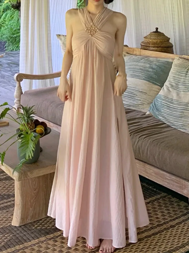 Girlary 2024 Summer Pink Sexy Sleeveless Midi Dress Sweet Elegant Even Party Dress Beach Chiffon Korean Fashion Dress Female Design