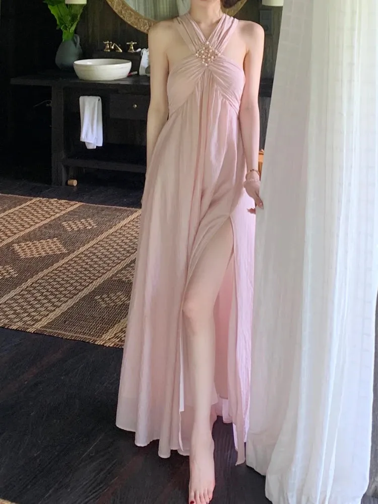 Girlary 2024 Summer Pink Sexy Sleeveless Midi Dress Sweet Elegant Even Party Dress Beach Chiffon Korean Fashion Dress Female Design