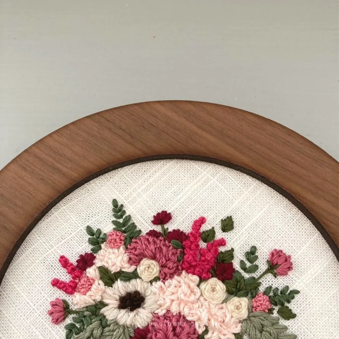 Hand Embroidered Pink Bouquet Original - Framed