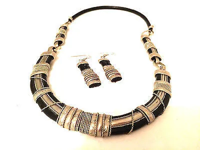 Handmade Set of Necklace Earrings Silver Black Vintage Jewelry