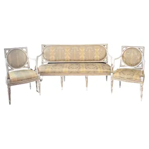 Italian 18th Century Neoclassical Salon Set: Sofa and Pair of Fauteuils or Armchairs Set Louis XVI Style - Museum Quality