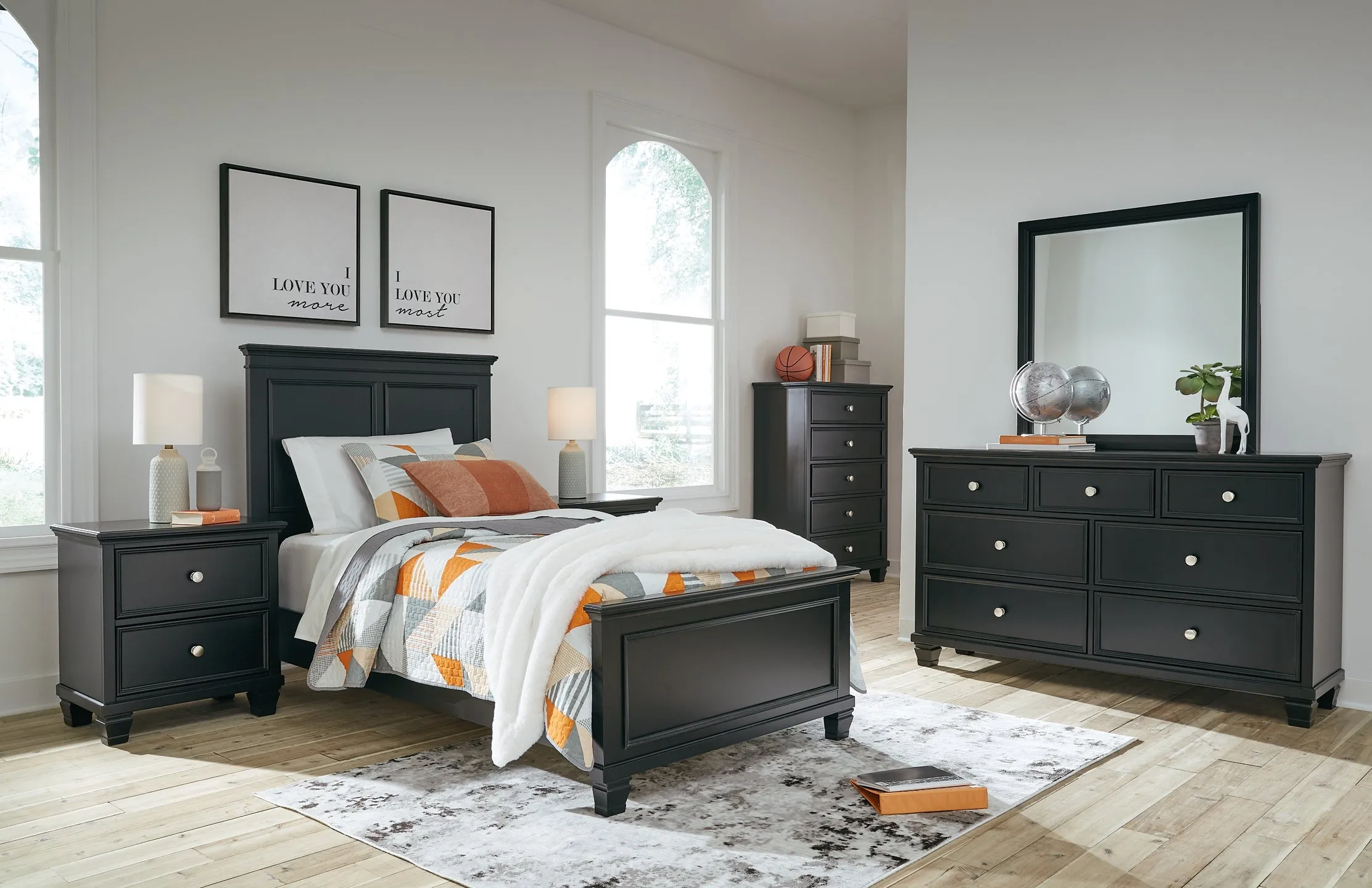 Lanolee Twin Panel Bed with Mirrored Dresser, Chest and Nightstand