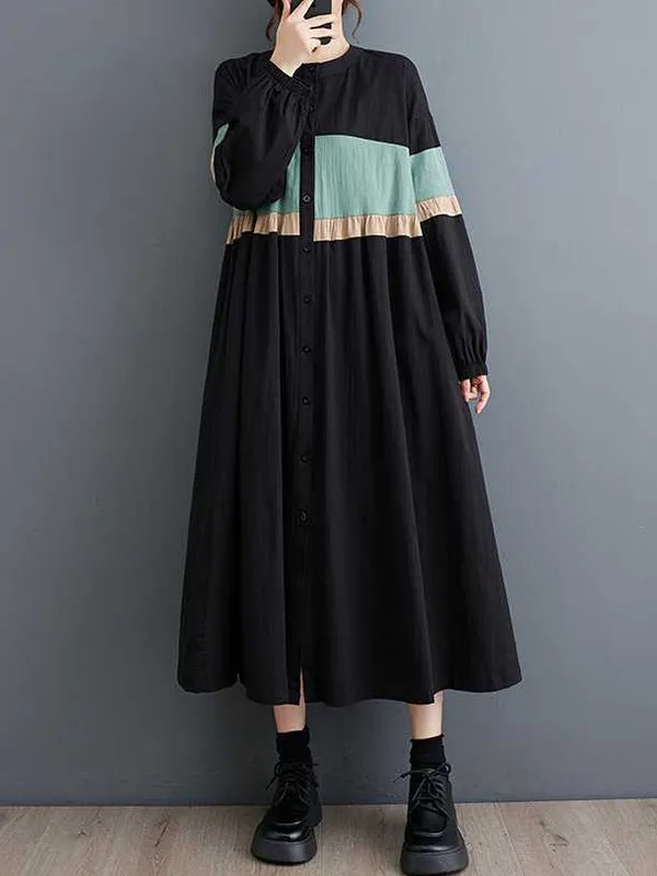 Long Sleeves Loose Buttoned Contrast Color Elasticity Split-Joint Round-neck Midi Dresses