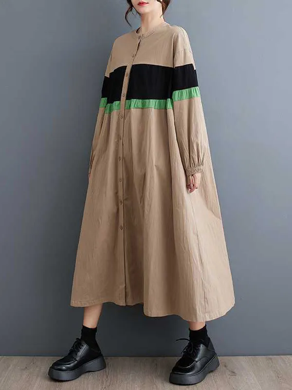 Long Sleeves Loose Buttoned Contrast Color Elasticity Split-Joint Round-neck Midi Dresses