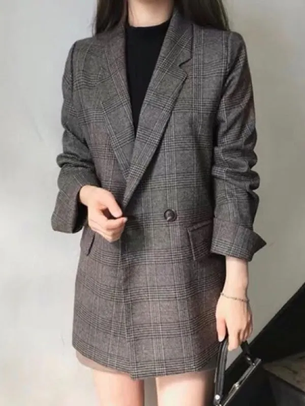 Long Sleeves Loose Buttoned Pockets Split-Joint Notched Collar Blazer Outerwear