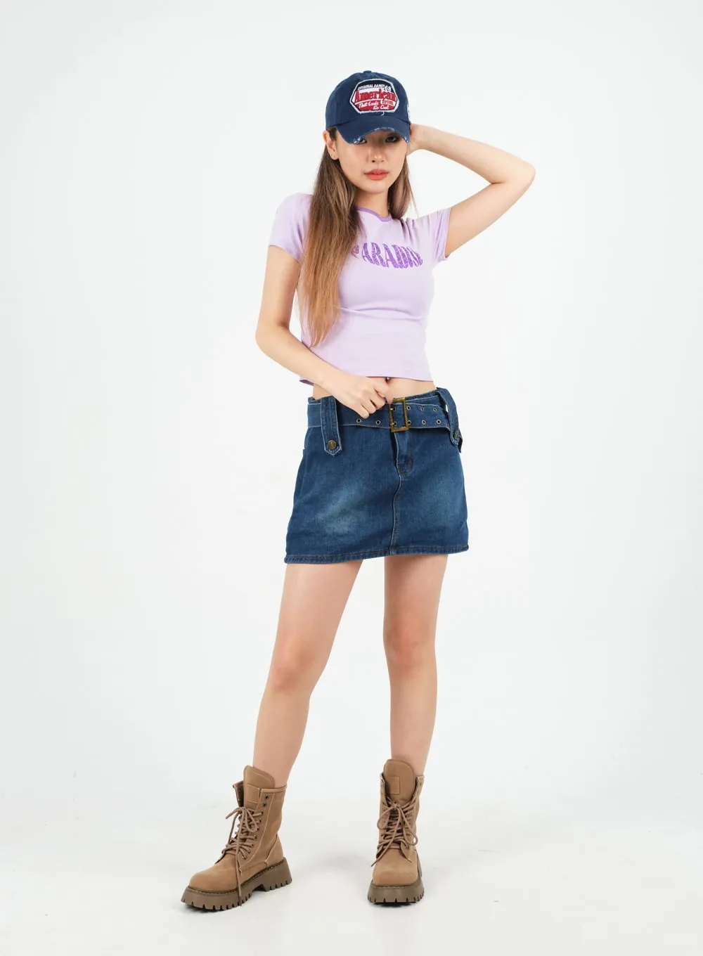 Low-Rise Bleached Denim Skorts and Belt Set CM02