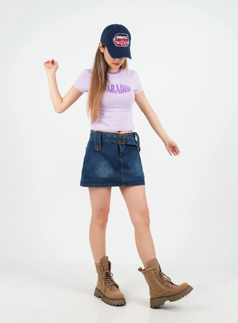 Low-Rise Bleached Denim Skorts and Belt Set CM02