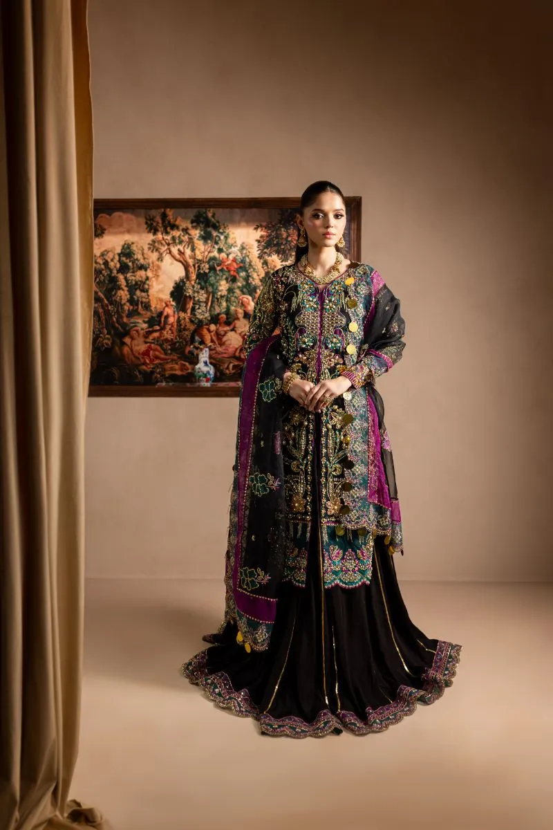 Maria Osama Khan - Zumar - OPEN SHIRT & SHARARA - BLACK - ORGANZA & PK RAWSILK - 3 Piece