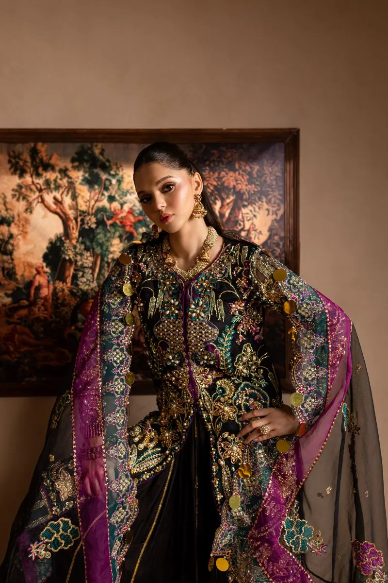 Maria Osama Khan - Zumar - OPEN SHIRT & SHARARA - BLACK - ORGANZA & PK RAWSILK - 3 Piece