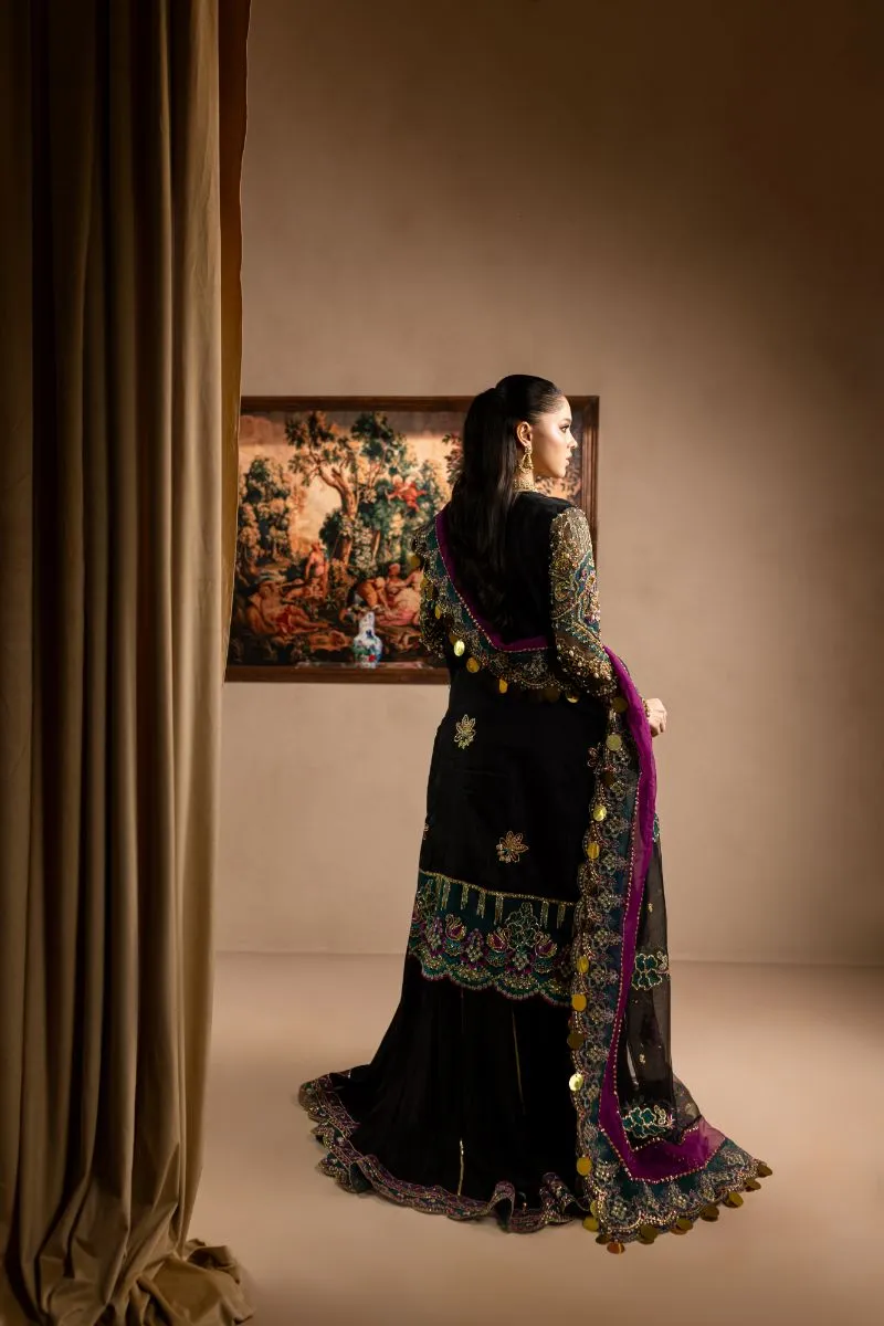 Maria Osama Khan - Zumar - OPEN SHIRT & SHARARA - BLACK - ORGANZA & PK RAWSILK - 3 Piece