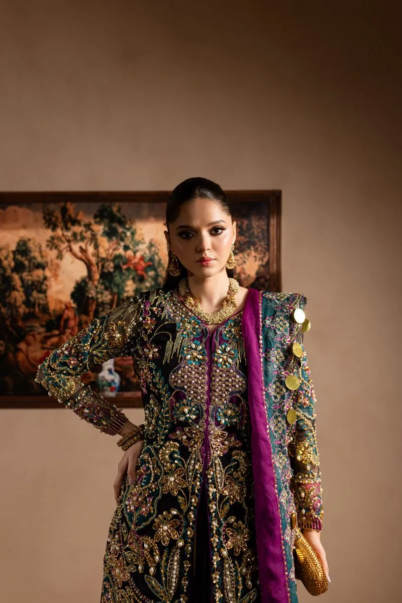 Maria Osama Khan - Zumar - OPEN SHIRT & SHARARA - BLACK - ORGANZA & PK RAWSILK - 3 Piece