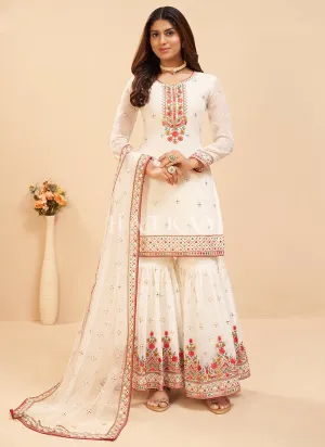 Off White Multi Embroidered Georgette Gharara Suit