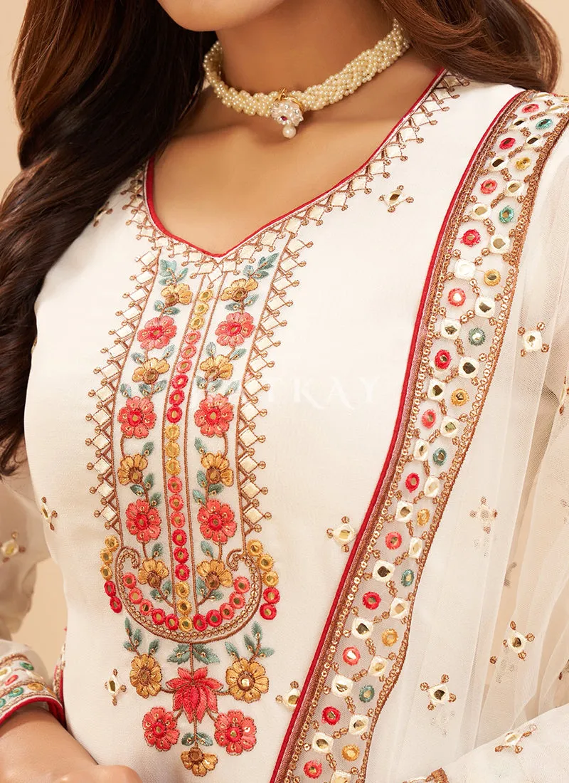 Off White Multi Embroidered Georgette Gharara Suit