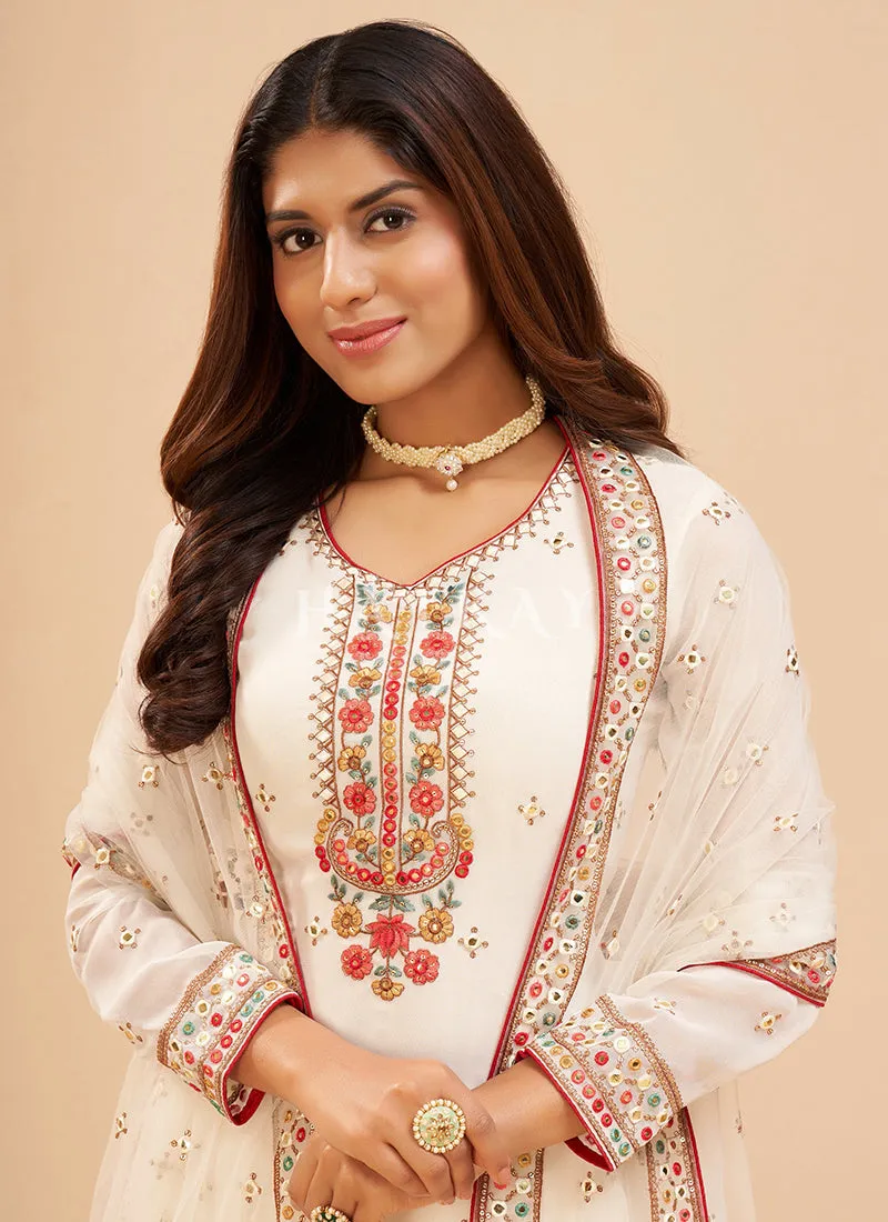 Off White Multi Embroidered Georgette Gharara Suit