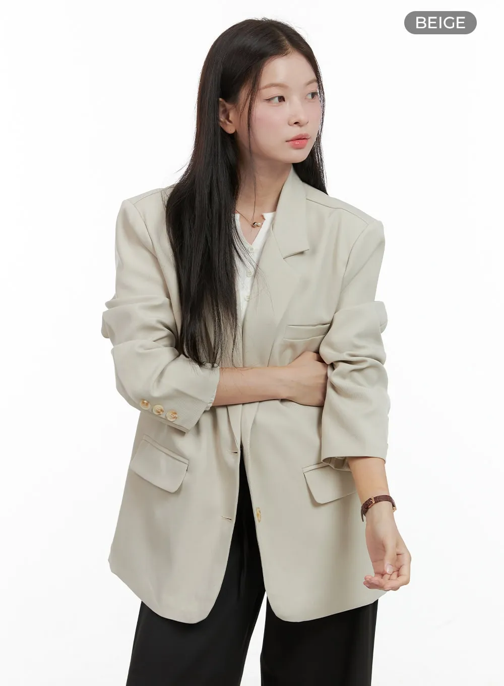 Oversized Collared Button-Up Blazer OG416