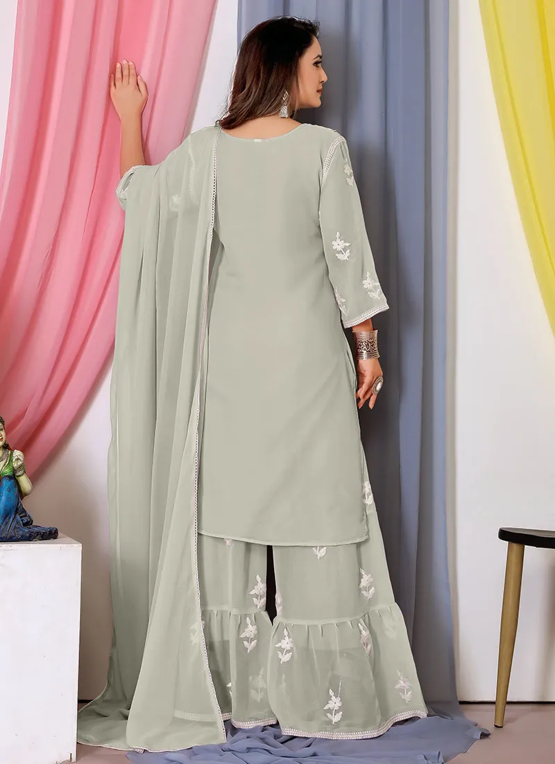 Pale Green Lucknowi Thread Embroidery Palazzo Suit