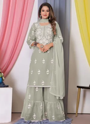 Pale Green Lucknowi Thread Embroidery Palazzo Suit