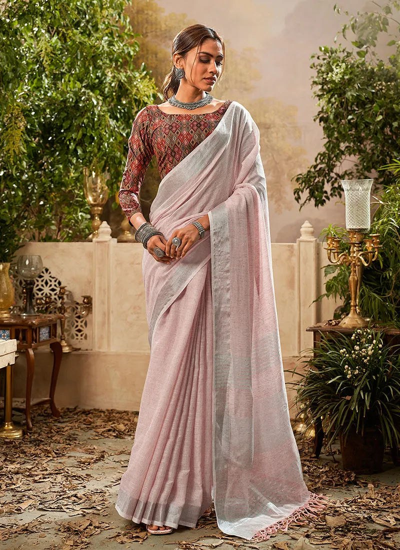 Peach Handloom Khadi Saree With Digital Printed Blouse