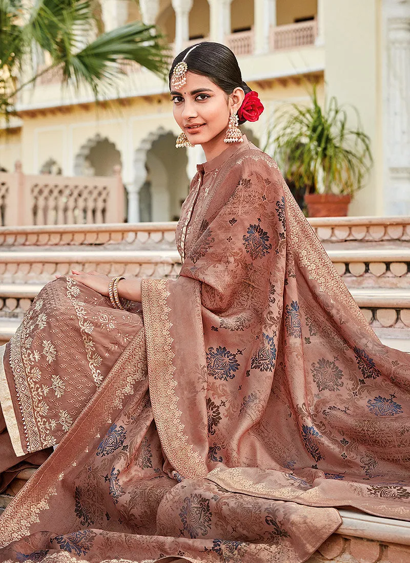 Peach Sequence Embroidered Palazzo Suit