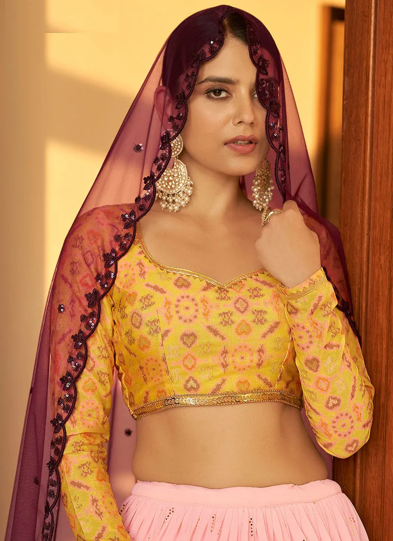 Pink And Yellow Mukaish Work Embroidered Lehenga Choli