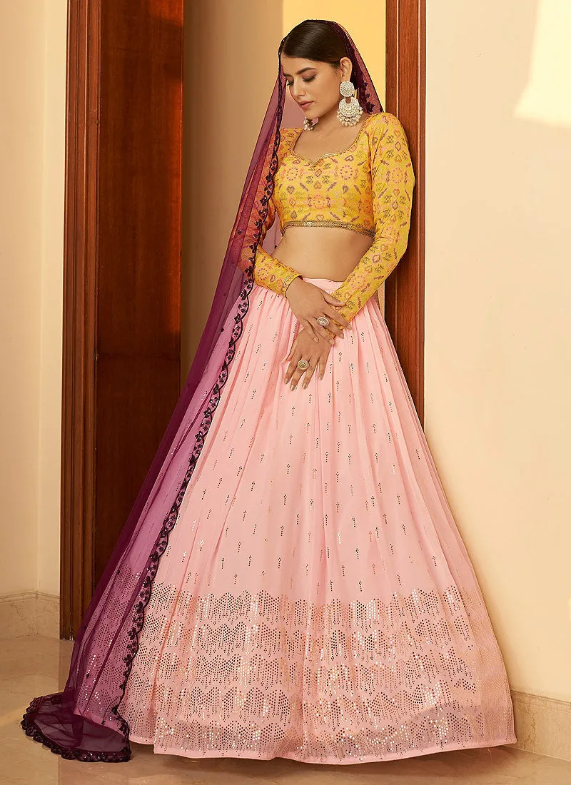 Pink And Yellow Mukaish Work Embroidered Lehenga Choli