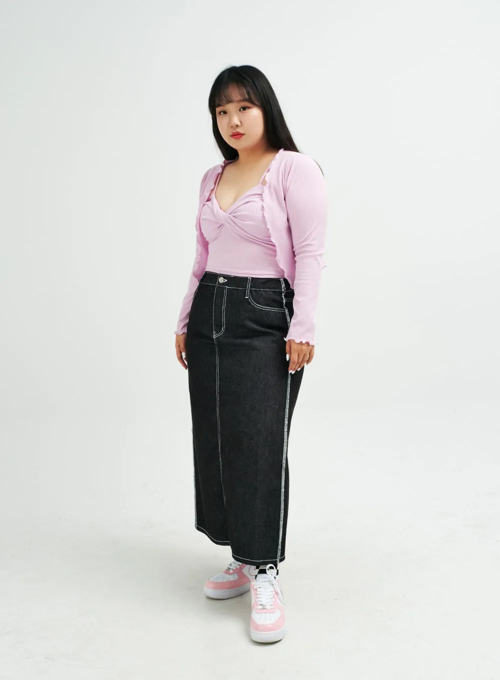 Plus Reverse Stitch Bleached Denim Maxi Skirt IY24