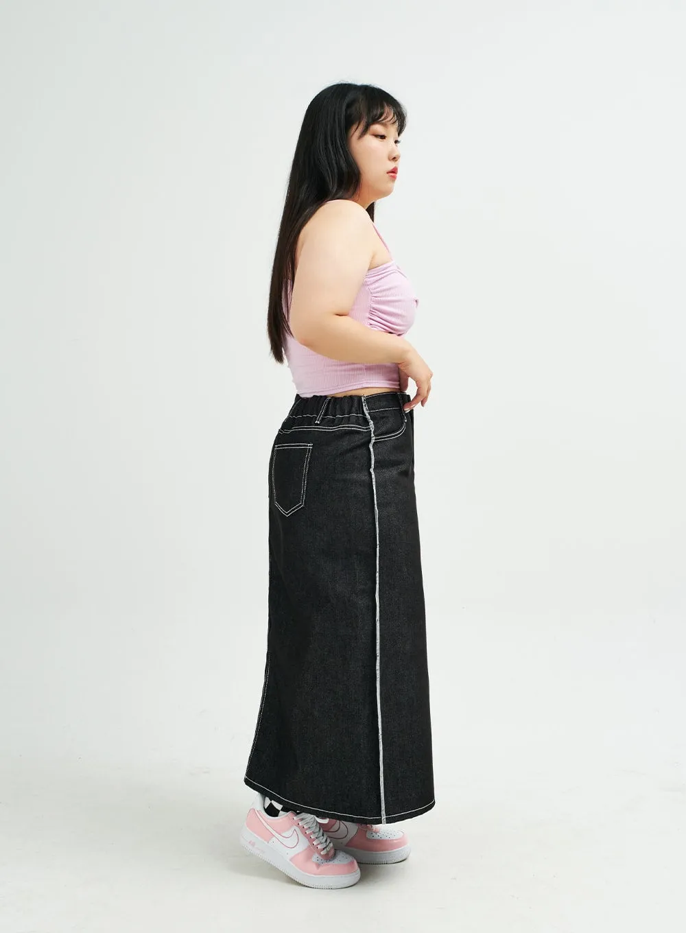 Plus Reverse Stitch Bleached Denim Maxi Skirt IY24